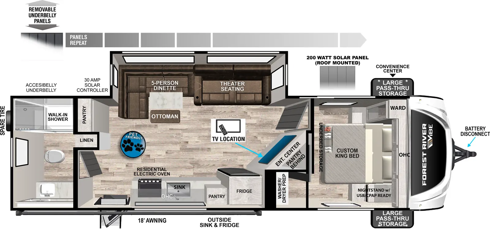 The Vibe 2600RB floorplan has one entry and one slide out. Exterior features include: fiberglass exterior and 18' awning. Interiors features include: front bedroom and rear bathroom.